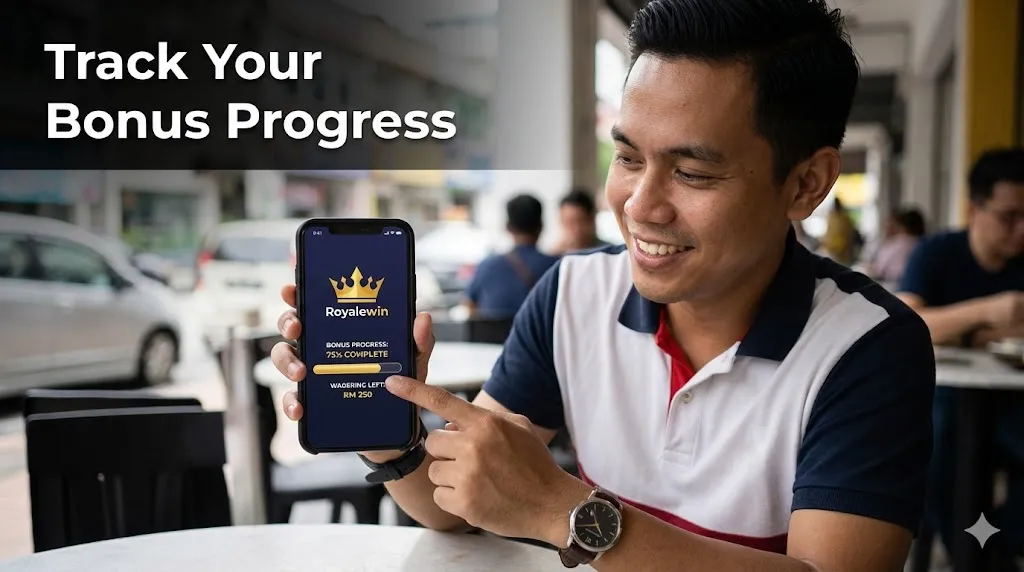 Royalewin bonus wagering and progress bar on smartphone