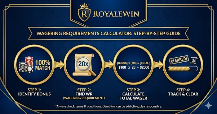 Step-by-step infographic for calculating wagering requirements in an online casino promotions comparison.