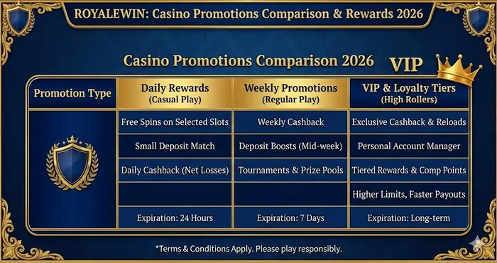 Detailed Casino Promotions Comparison table showing daily, weekly, and VIP reward tiers for 2026.