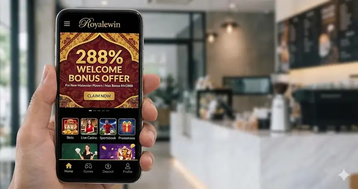Interface of a top-rated Malaysian mobile casino app showing a 288% welcome bonus offer.