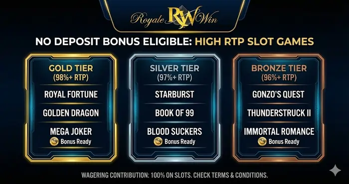  Infographic showing high RTP slot games eligible for No Deposit Bonus Malaysia wagering requirements.