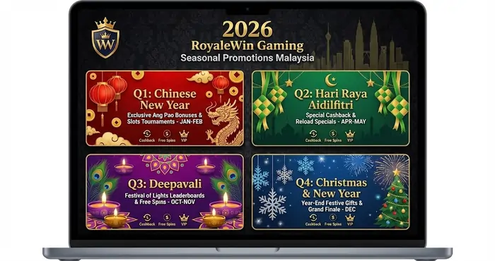 2026 calendar of Royalewin Gaming seasonal promotions Malaysia featuring exclusive bonuses for Chinese New Year, Hari Raya, Deepavali, and Christmas.