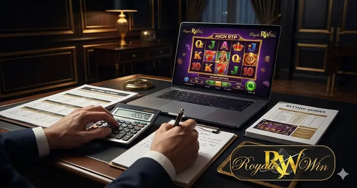 A person using a calculator to plan a strategic betting session for high RTP slot games.