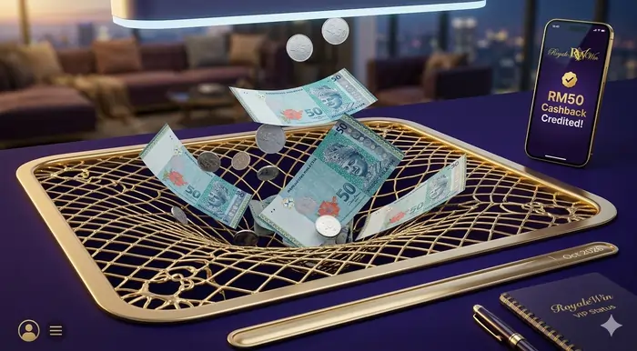 3D render of a golden safety net catching coins symbolizing 5 cashback and rebate promotions in Malaysia.