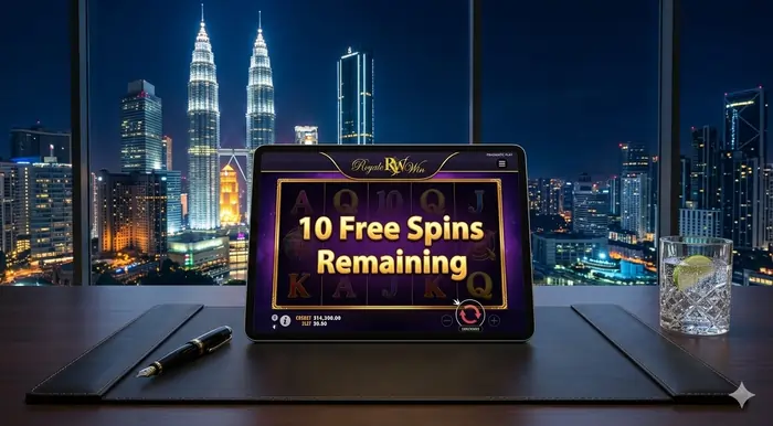 High-resolution digital tablet showing Royalewin free spins no deposit Malaysia on a premium 2026 slot machine.