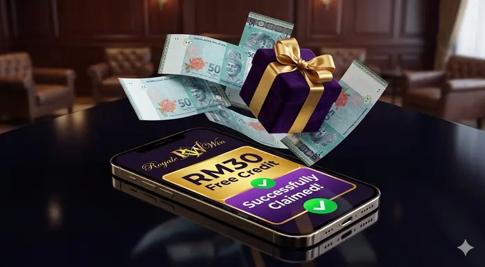 Realistic 3D smartphone showing 6 Royalewin Promotions with No Deposit Required.