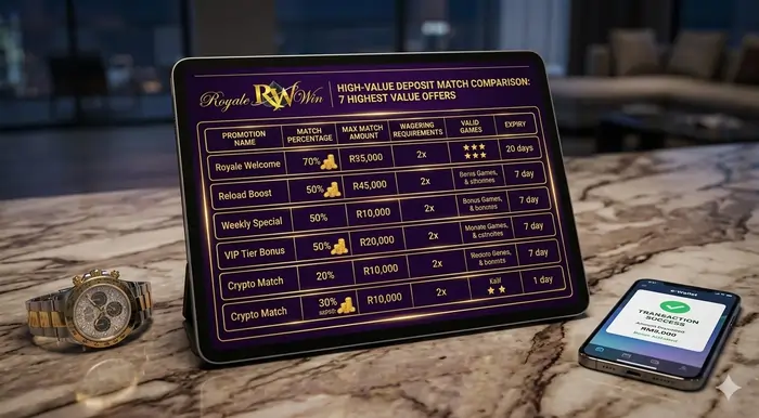 Sharp wide-angle image of a digital tablet showing a comparison of the 7 Deposit Match Promotions with the highest value.