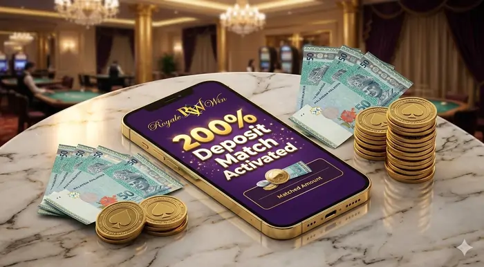 Cinematic isometric view of a premium smartphone displaying 200% deposit of 7 Deposit Match Promotions with the highest value.