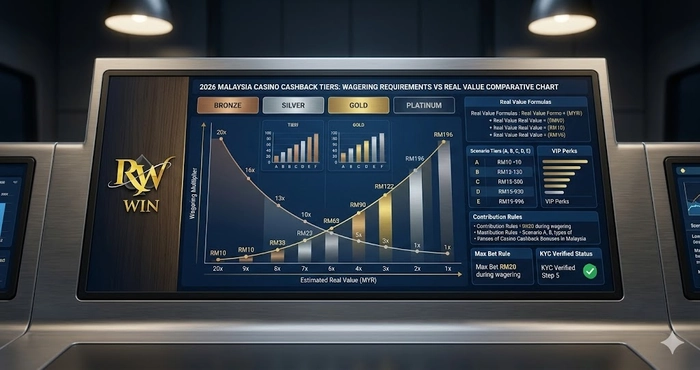 Comparative chart of 2026 Malaysia casino cashback tiers showing the relationship between wagering requirements and real value.