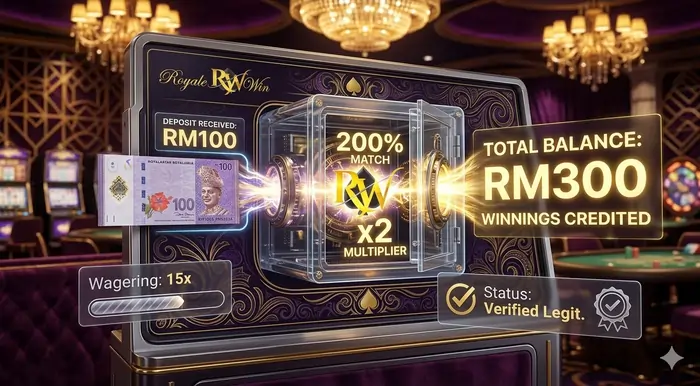 3D visualization showing how Top Deposit Match Promotions Malaysia double your starting bankroll in 2026.