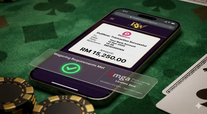 High-resolution mobile dashboard confirming a successful bank withdrawal from the Top 5 Royalewin Legit Promotions.