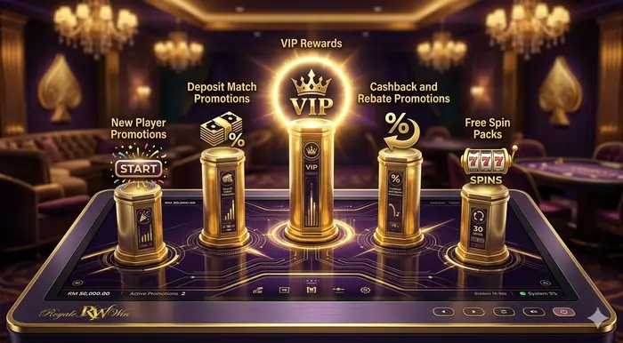 3D isometric infographic showing the Top 5 Royalewin Legit Promotions available for Malaysian players in 2026.