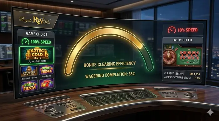 Digital dashboard showing the best games for casino bonus wagering Malaysia by comparing slot and table game speeds.