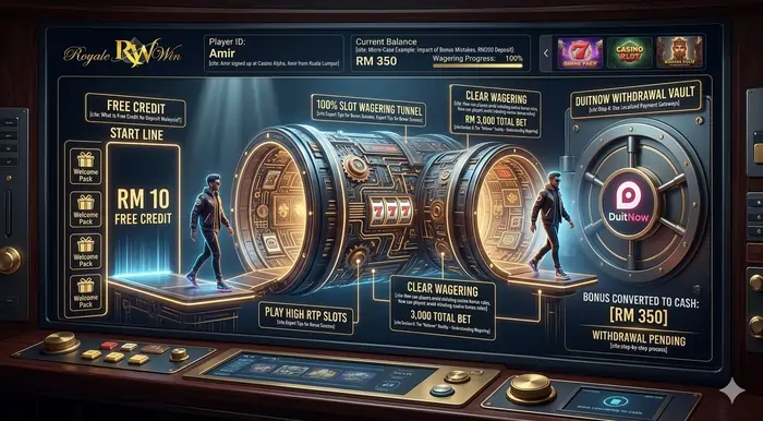 Infographic showing the successful conversion of free credit no deposit Malaysia into a real cash withdrawal.