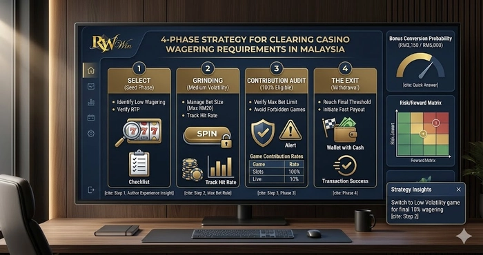 Infographic showing the 4-phase strategy for successfully clearing casino wagering requirements in Malaysia.