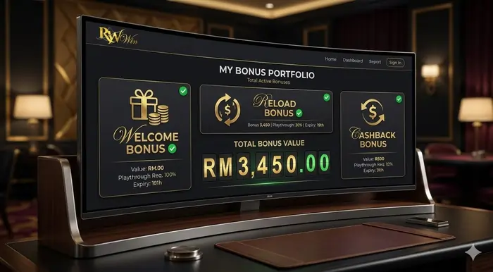 Digital dashboard displaying a portfolio of the best real money casino bonuses Malaysia for 2026.