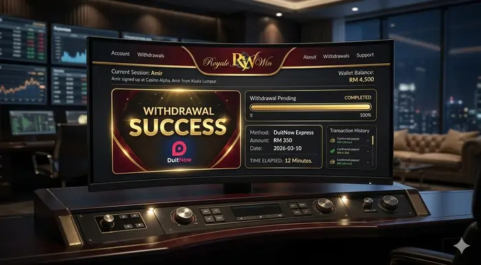 Digital dashboard showing an express withdrawal success from a trusted Malaysian casino promotions fast withdrawal.