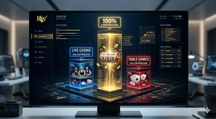 Infographic comparing game contribution rates for clearing wagering requirements casino Malaysia on slots versus live games.