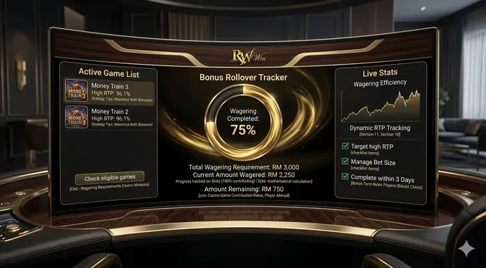 Digital dashboard showing a wagering requirements casino Malaysia progress tracker with RM 3,000 turnover goal.