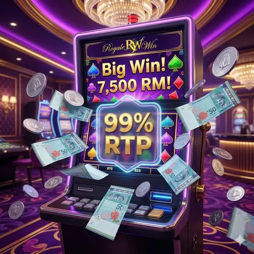 Vibrant slot machine display showing a 99% RTP win celebration for Royalewin high payout slot bonuses in Malaysia. 7 Royalewin Slot Bonuses for High RTP Games