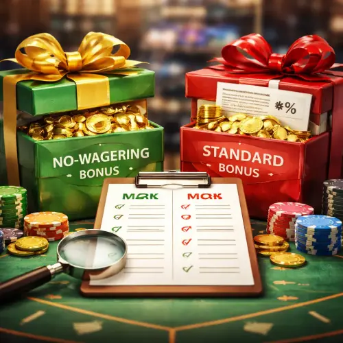 No-Wagering Bonuses vs. Standard Bonuses, no wagering bonus, standard casino bonus, wagering requirements comparison